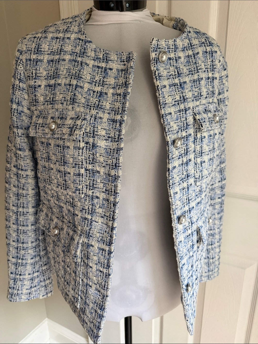 H&M Blue and White Tweed Collarless Blazer